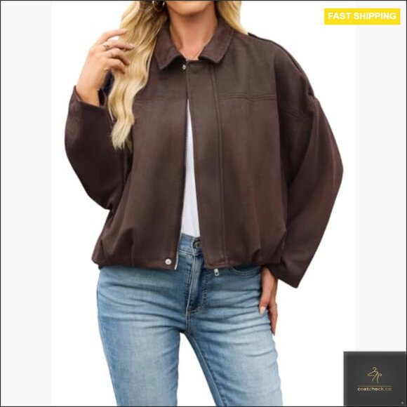 Faux Suede Bomber Jacket Cropped Oversized Aviator Style Casual Chic - Picture 2 of 7